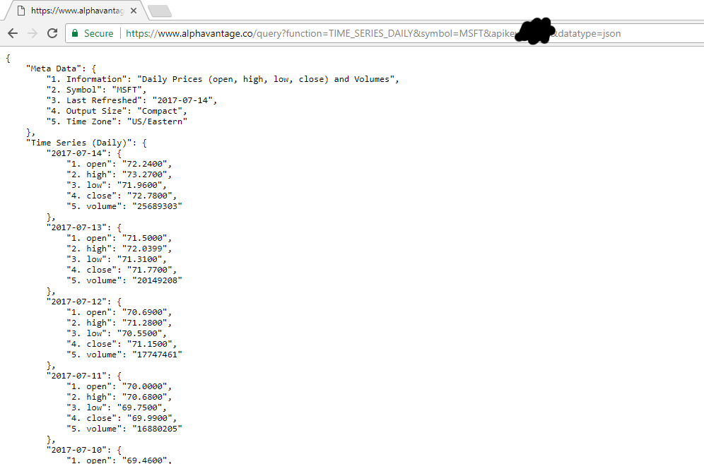 Microsoft stock data JSON format viewed in Chrome