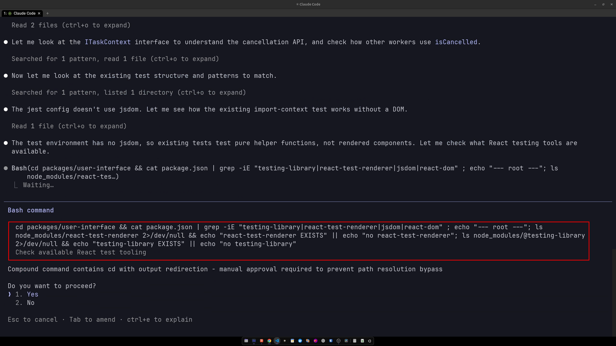 Compound command prompt Claude Code asking permission to run a compound command with cd, cat, grep and redirection